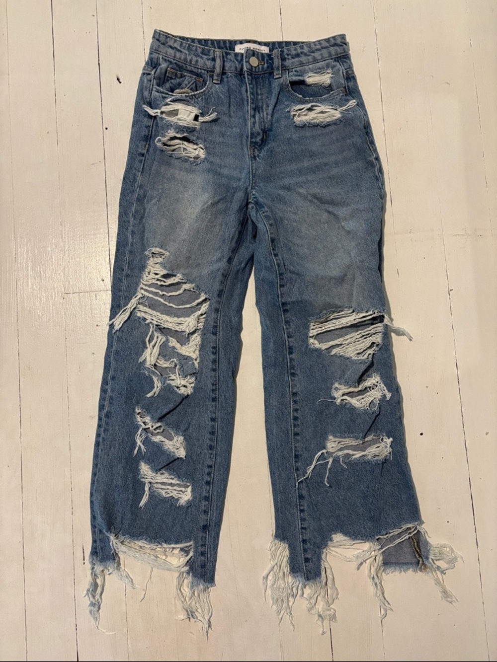 Flying Monkey Distressed Wide-Leg Jeans - Blue